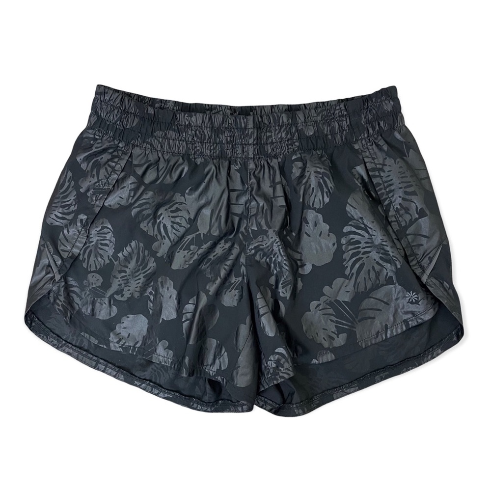 Athleta Black Tropical Leaves Print Racer Run Athletic Shorts Medium 4.5” Inseam